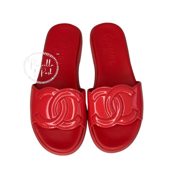 Chanel Red Patent Maxi Cc Logo Mules Slides 35 Red Pink Coral Sandals - Picture 8 of 8